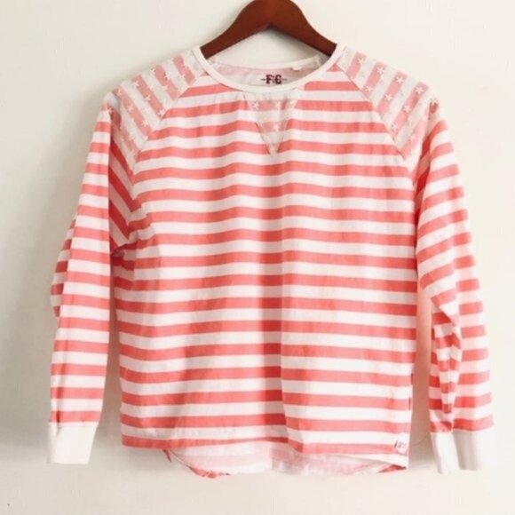 french connection Top 13 Juniors Oversized Stripe Lace Stars Pink & White Boxy - Picture 1 of 8